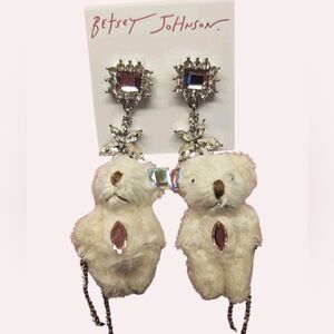 BETSEY JOHNSON Stone Color Plush Teddy Bear Crystals & Chains Earrings NEW NWT